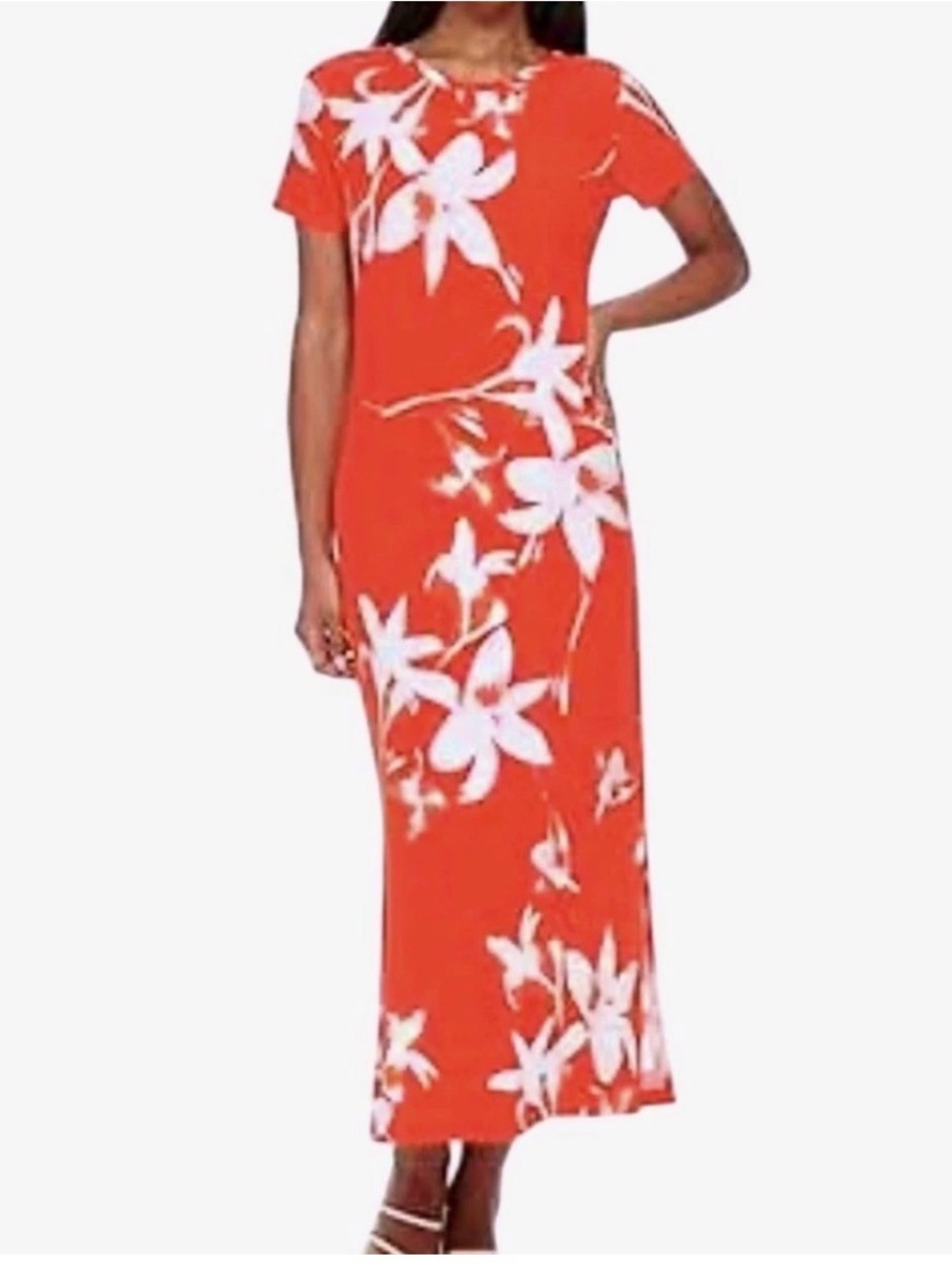 NWT Calvin Klein Orange Ivory Floral Short-Sleeve Maxi Dress Round Neck Size Med
